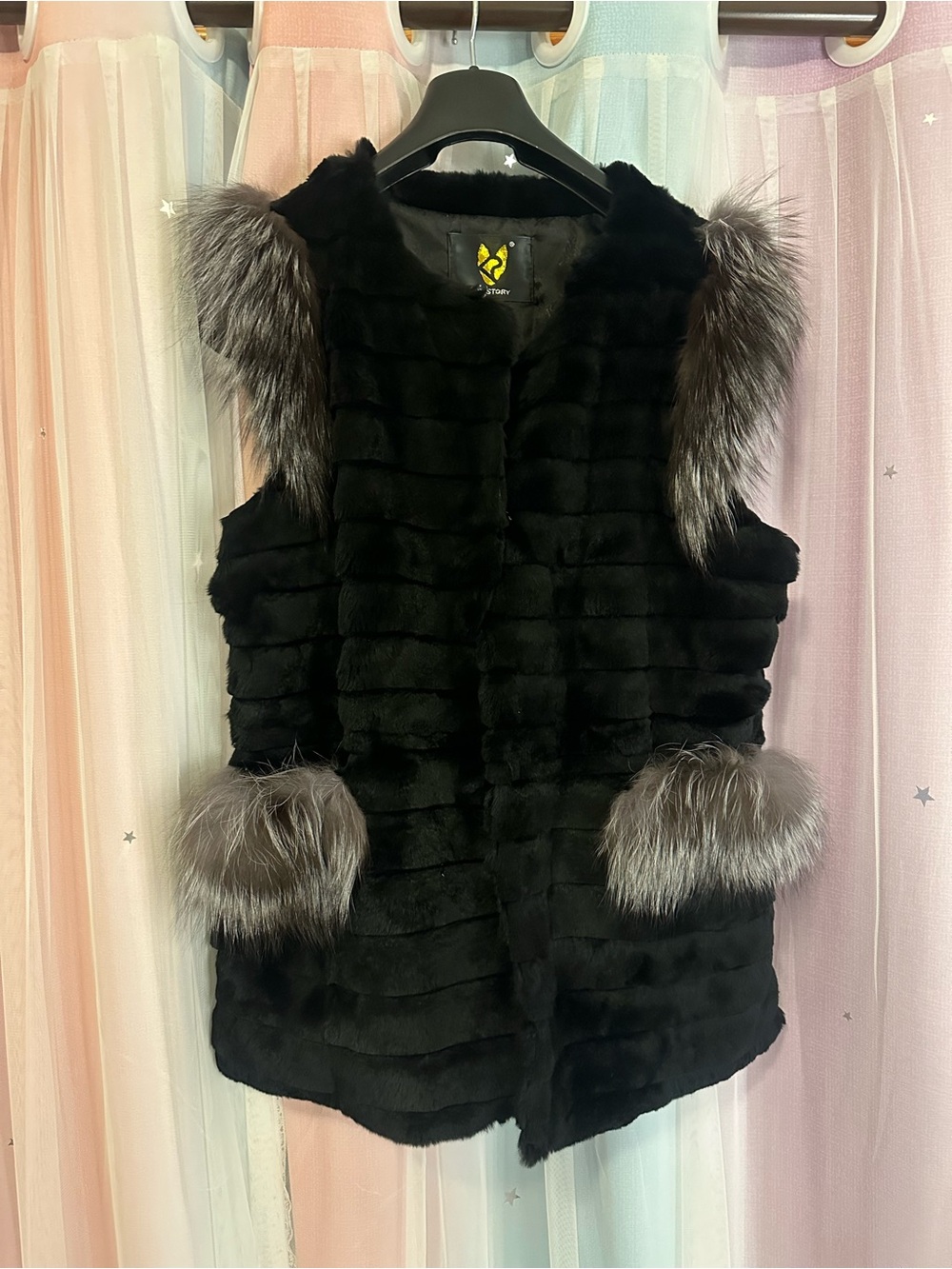 Black Faux Fur Vest with Gray Fur Trim